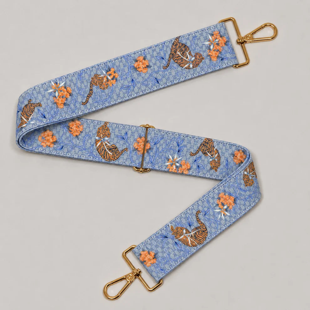 Orange and navy silk purse strap with hand-illustrated tigers and floral details