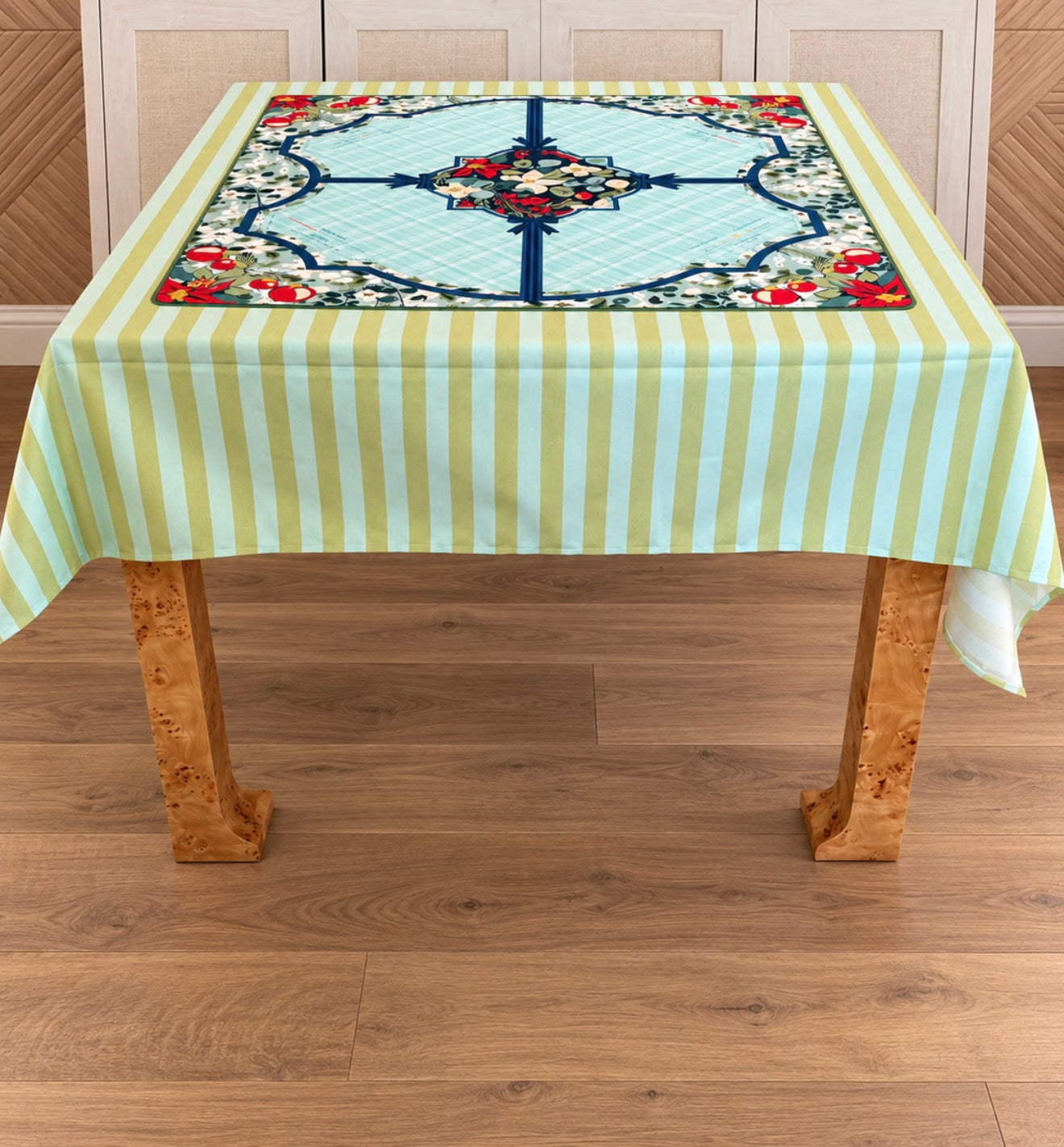 Palm Beach Stripe Tablecloth On a Burl wood table with the Winterberry Mahjong mat 