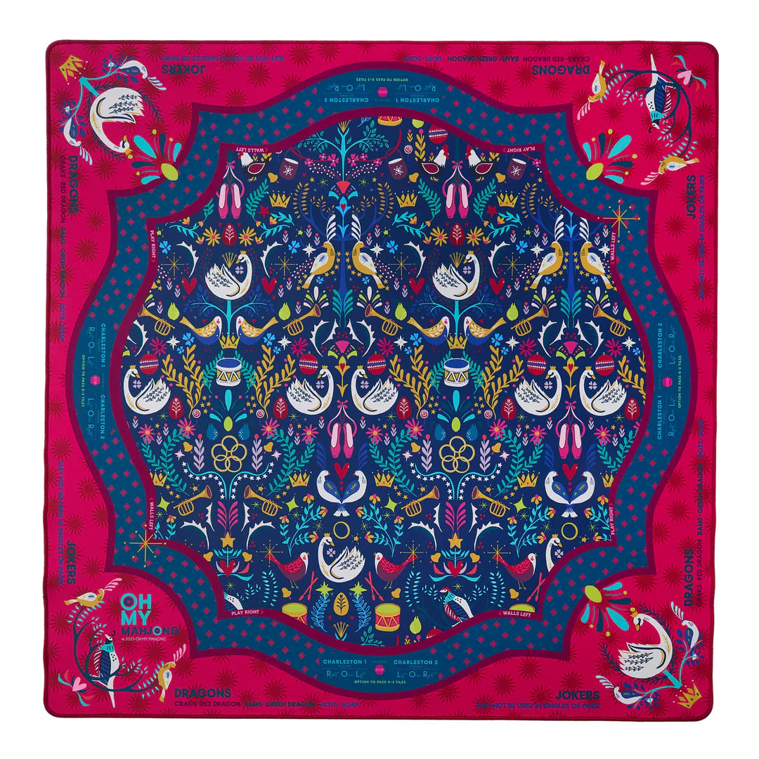 Pear Tree Mahjong Mat with 12 Days of Christmas design in rich jewel tones