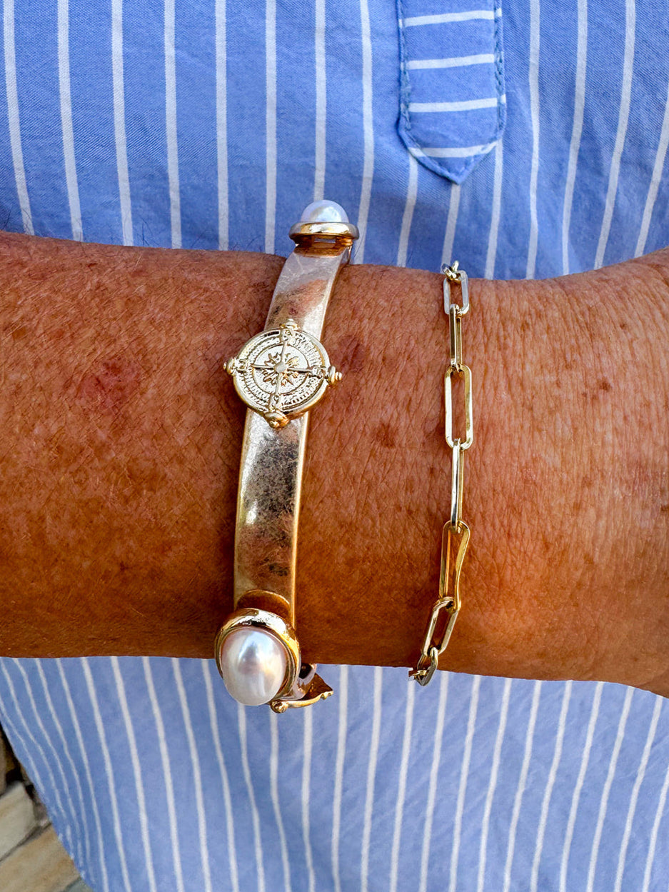 Pearl and Coin Accented Gold Stretch Bracelet