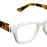 Chunky square reader glasses in white with Tokyo tortoise accents and checkered detail along the top frame.