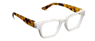 Chunky square reader glasses in white with Tokyo tortoise accents and checkered detail along the top frame.