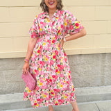 Floral cotton midi dress with pink and yellow flowers, drop shoulder sleeves, smocking, and pockets