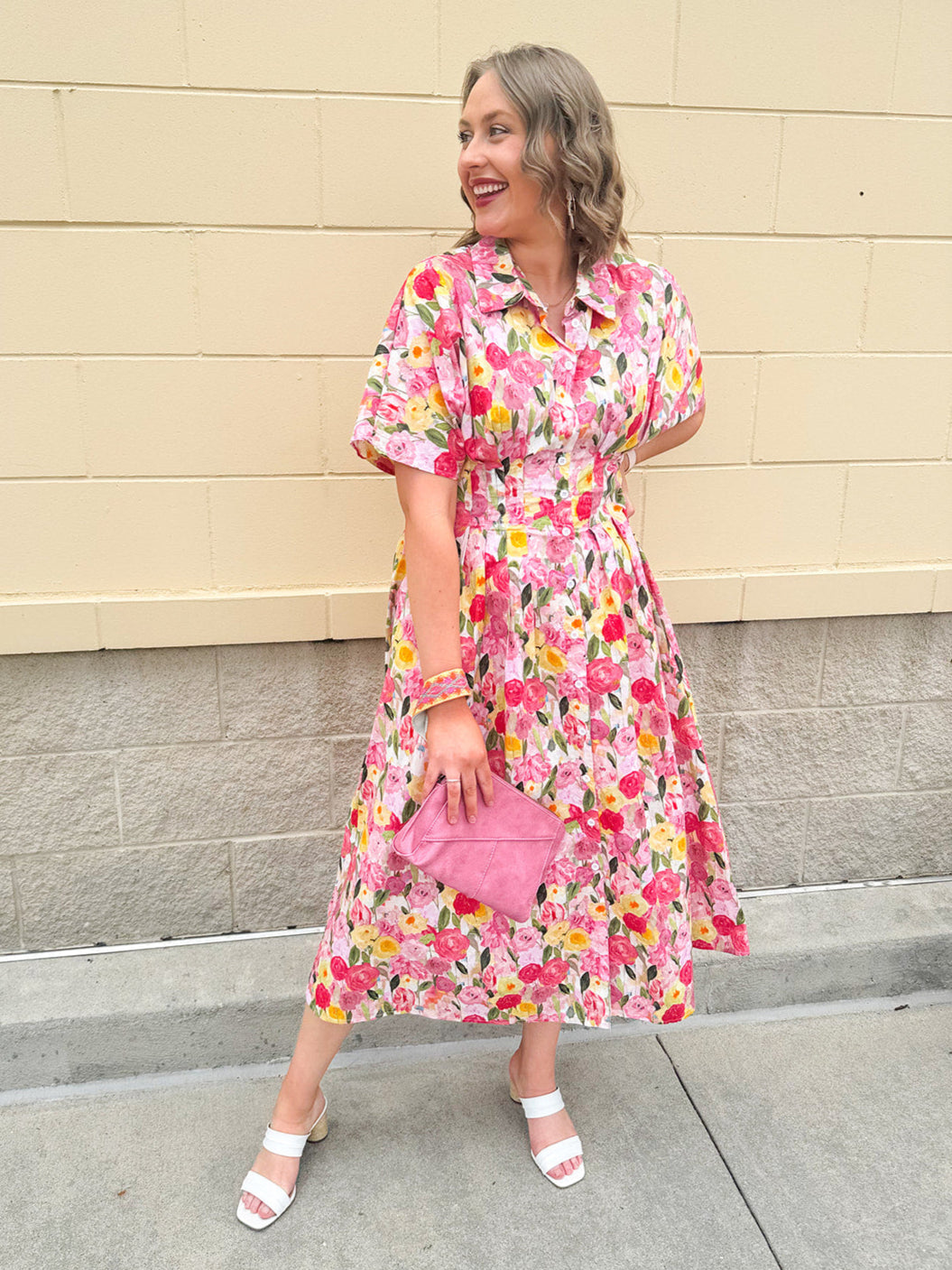 Floral cotton midi dress with pink and yellow flowers, drop shoulder sleeves, smocking, and pockets