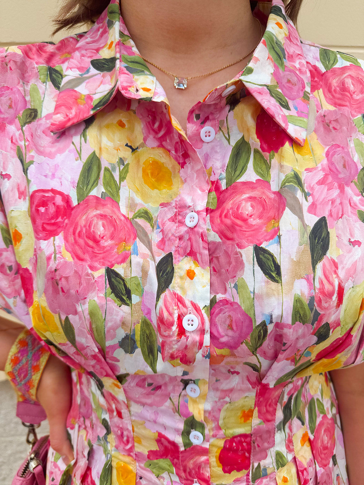 Floral cotton midi dress with pink and yellow flowers, drop shoulder sleeves, smocking, and pockets