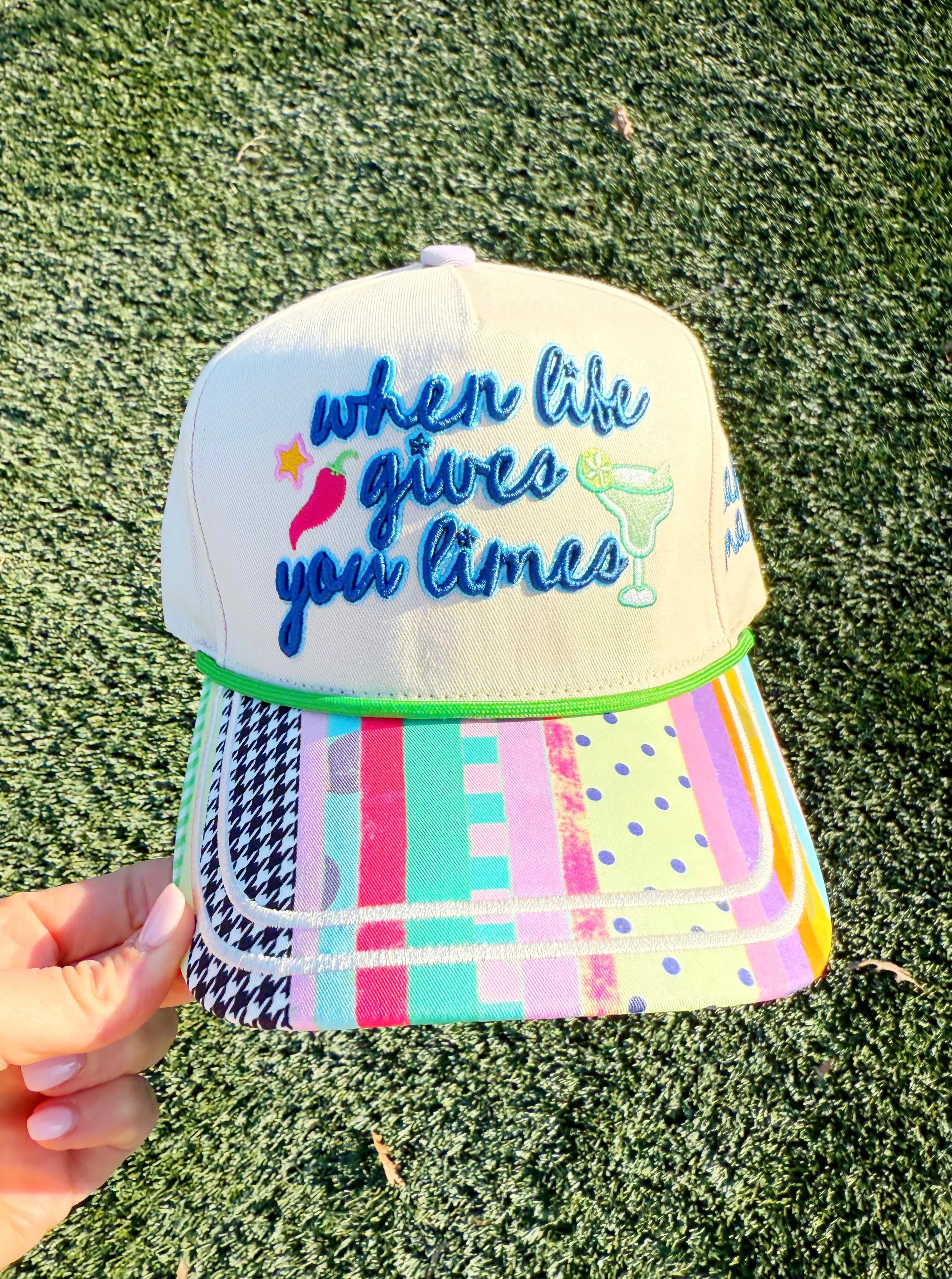 Cream embroidered canvas hat with lime and margarita embroidery accents