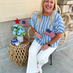 Model wearing the Picnic Chic Round Neck Striped Top featuring dolman sleeves, elastic cuffs, and a slightly boxy silhouette – styled for an effortless summer look perfect for picnics and casual outings
