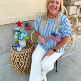 Model wearing the Picnic Chic Round Neck Striped Top featuring dolman sleeves, elastic cuffs, and a slightly boxy silhouette – styled for an effortless summer look perfect for picnics and casual outings