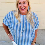 Model wearing the Picnic Chic Round Neck Striped Top featuring dolman sleeves, elastic cuffs, and a slightly boxy silhouette – styled for an effortless summer look perfect for picnics and casual outings