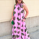 Pink tropical palm print maxi dress with halter neckline