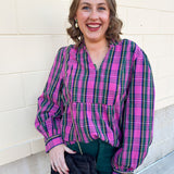 Pink and green tartan plaid top with ruffle collar, balloon sleeves, and babydoll waistline