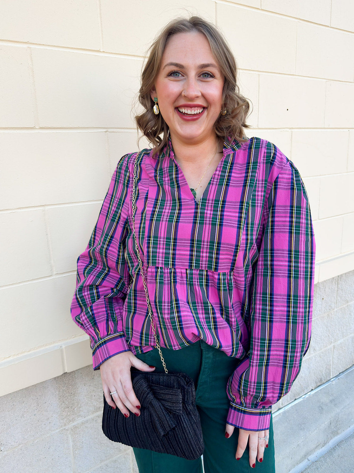 Pink and green tartan plaid top with ruffle collar, balloon sleeves, and babydoll waistline