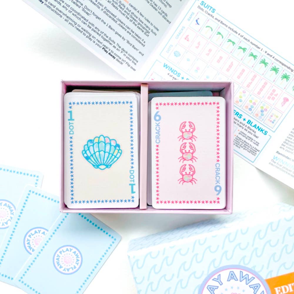  Beach-themed American Mahjong card set with palm trees, shells, and crabs—perfect for vacation or casual game night.