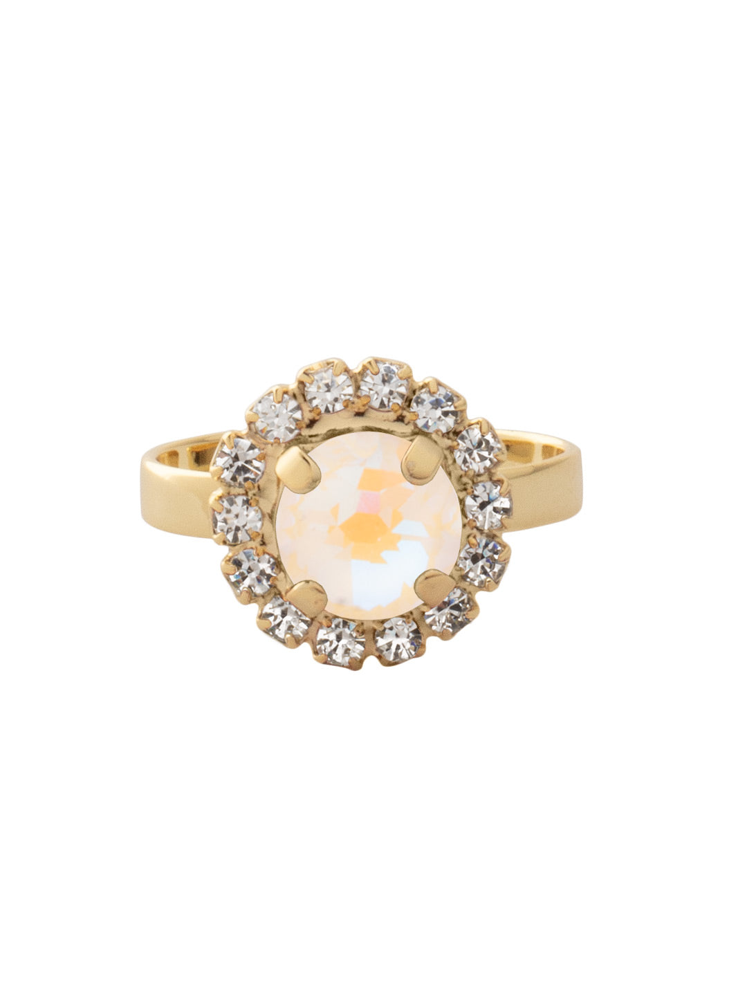 Bright gold-tone cocktail ring with round Ultra White crystal and pavé halo on an adjustable band from Sorrelli’s Haute Halo design.