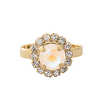 Bright gold-tone cocktail ring with round Ultra White crystal and pavé halo on an adjustable band from Sorrelli’s Haute Halo design.