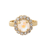 Bright gold-tone cocktail ring with round Ultra White crystal and pavé halo on an adjustable band from Sorrelli’s Haute Halo design.