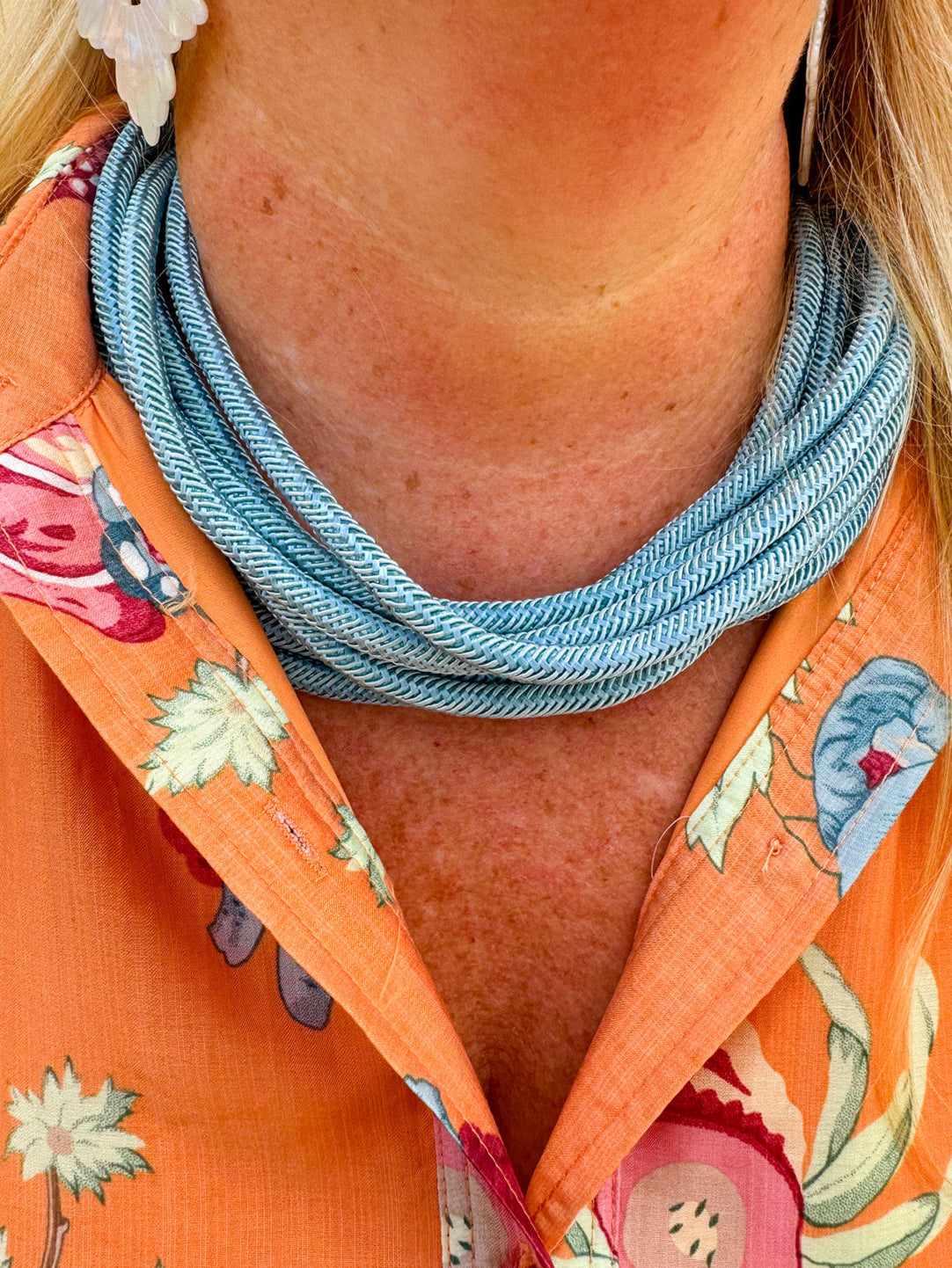 Dusty blue cotton rope necklace with layered strands, lightweight and breathable for all-season styling