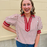Rust and cream striped pullover top with puff sleeves, contrast rust cuffs and split collar—lightweight and perfect for early fall