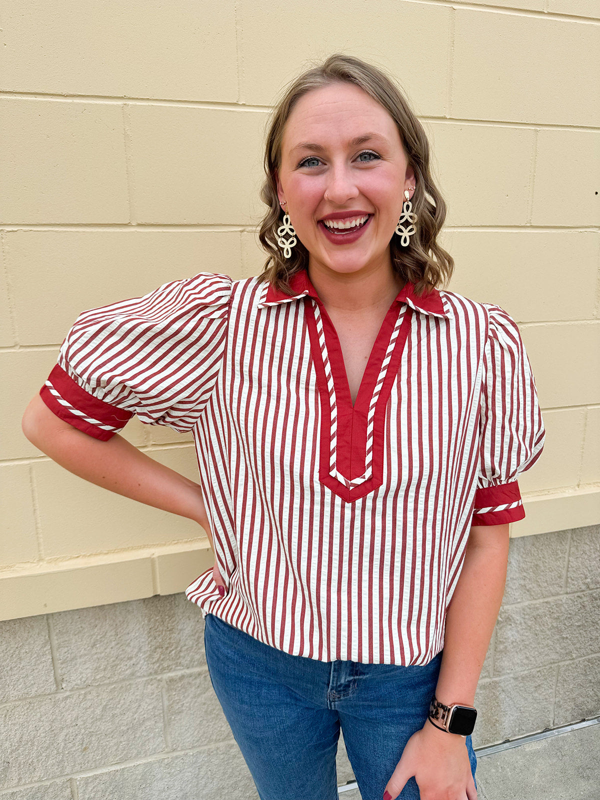 Rust and cream striped pullover top with puff sleeves, contrast rust cuffs and split collar—lightweight and perfect for early fall