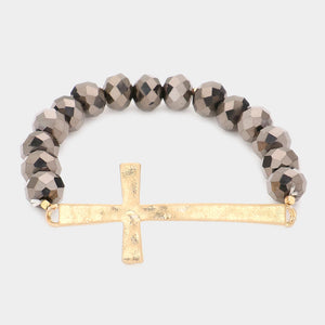 Hammered Metal Cross Accented Beaded Stretch Bracelet-Hematite