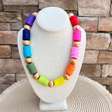 Multicolor vinyl disk necklace with gold bead accents