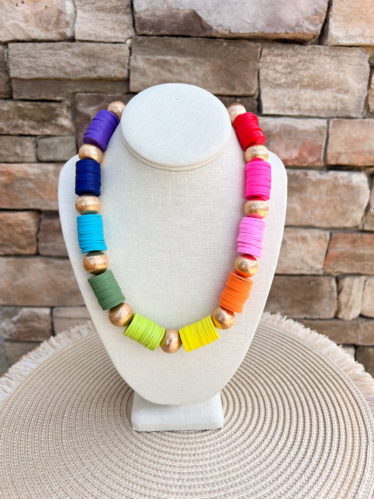 Multicolor vinyl disk necklace with gold bead accents
