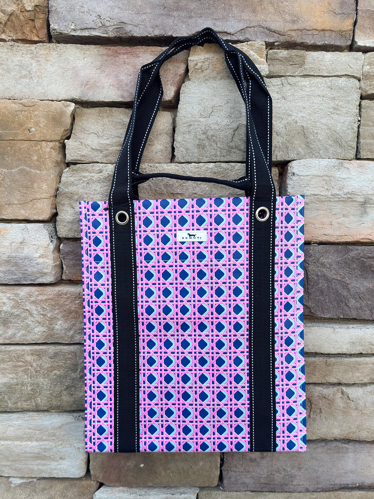 [Scout] Bagette Market Tote in Wisteria Cane with large square bottom and dual-length straps