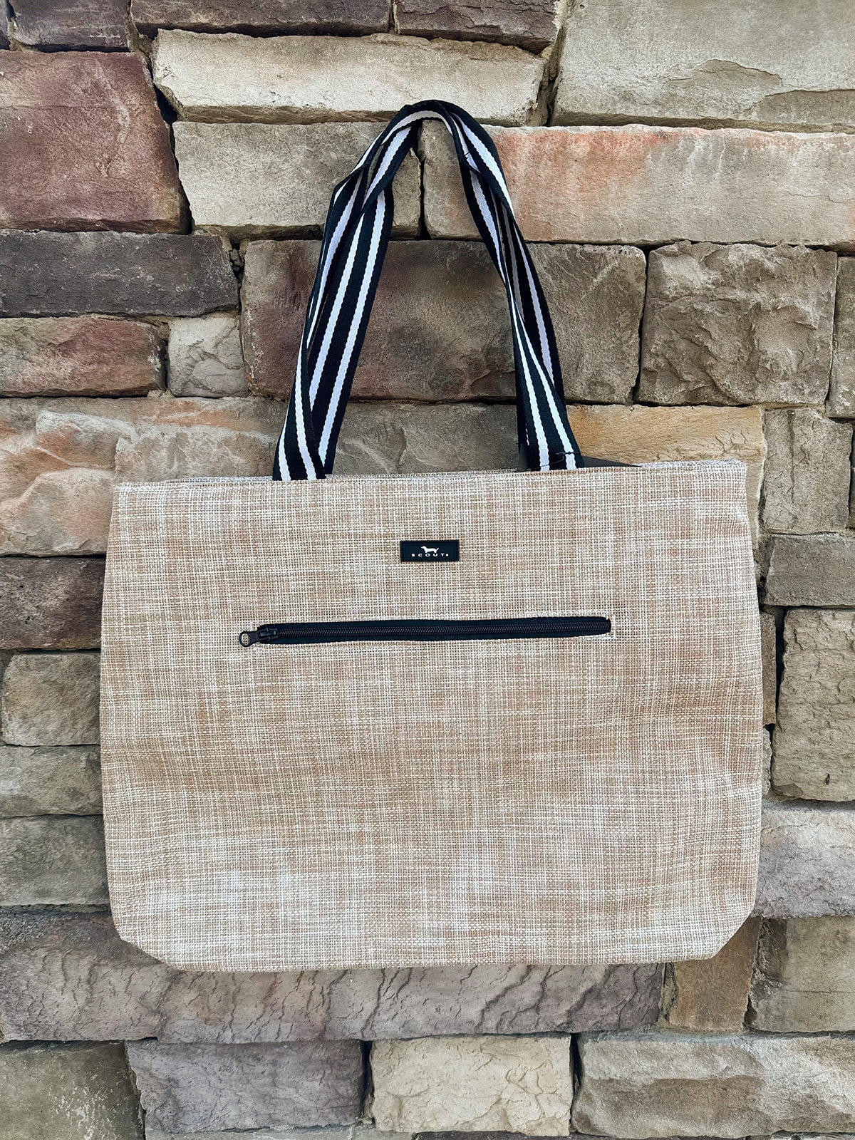 [Scout] Wet Bar Cooler in Sand Woven with slim tote-style design and front zipper pocket