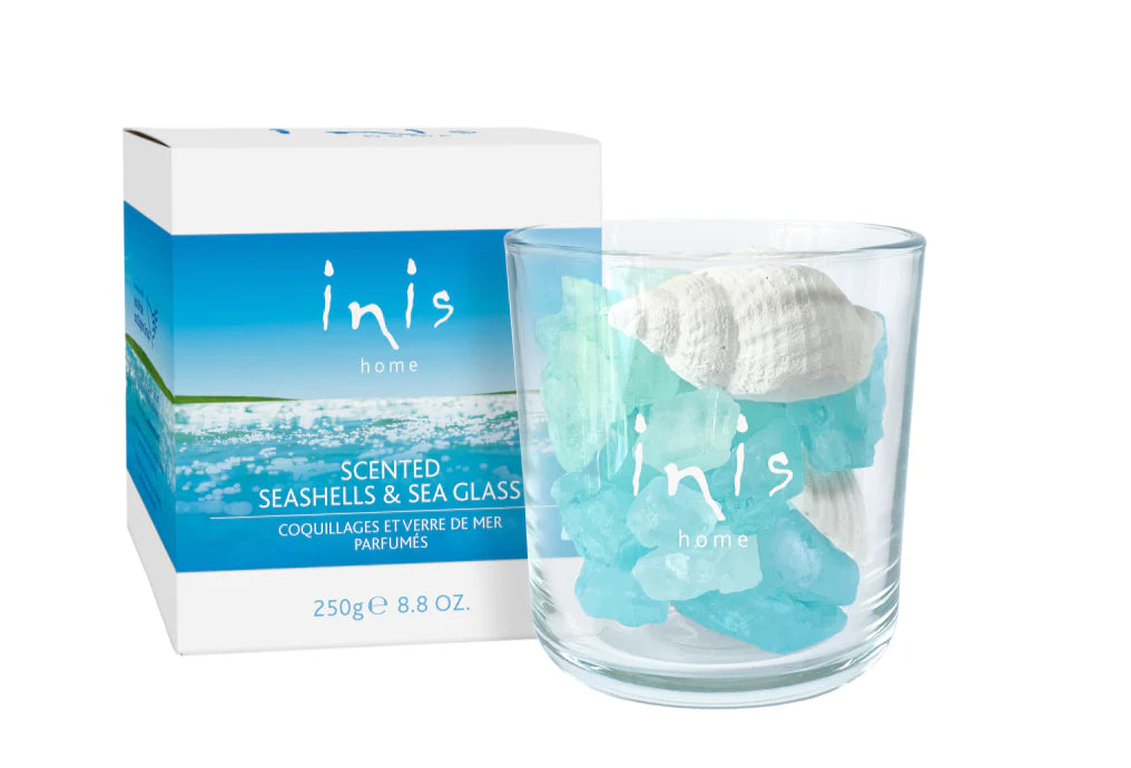 Inis Diffuser Scented Seashells & Seaglass set with glass vessel, seashells, and refresher oil in ocean-inspired packaging.