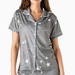 Heather grey pajama top with white star print, button-down front, collar, and piping detail.