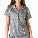Heather grey pajama top with white star print, button-down front, collar, and piping detail.