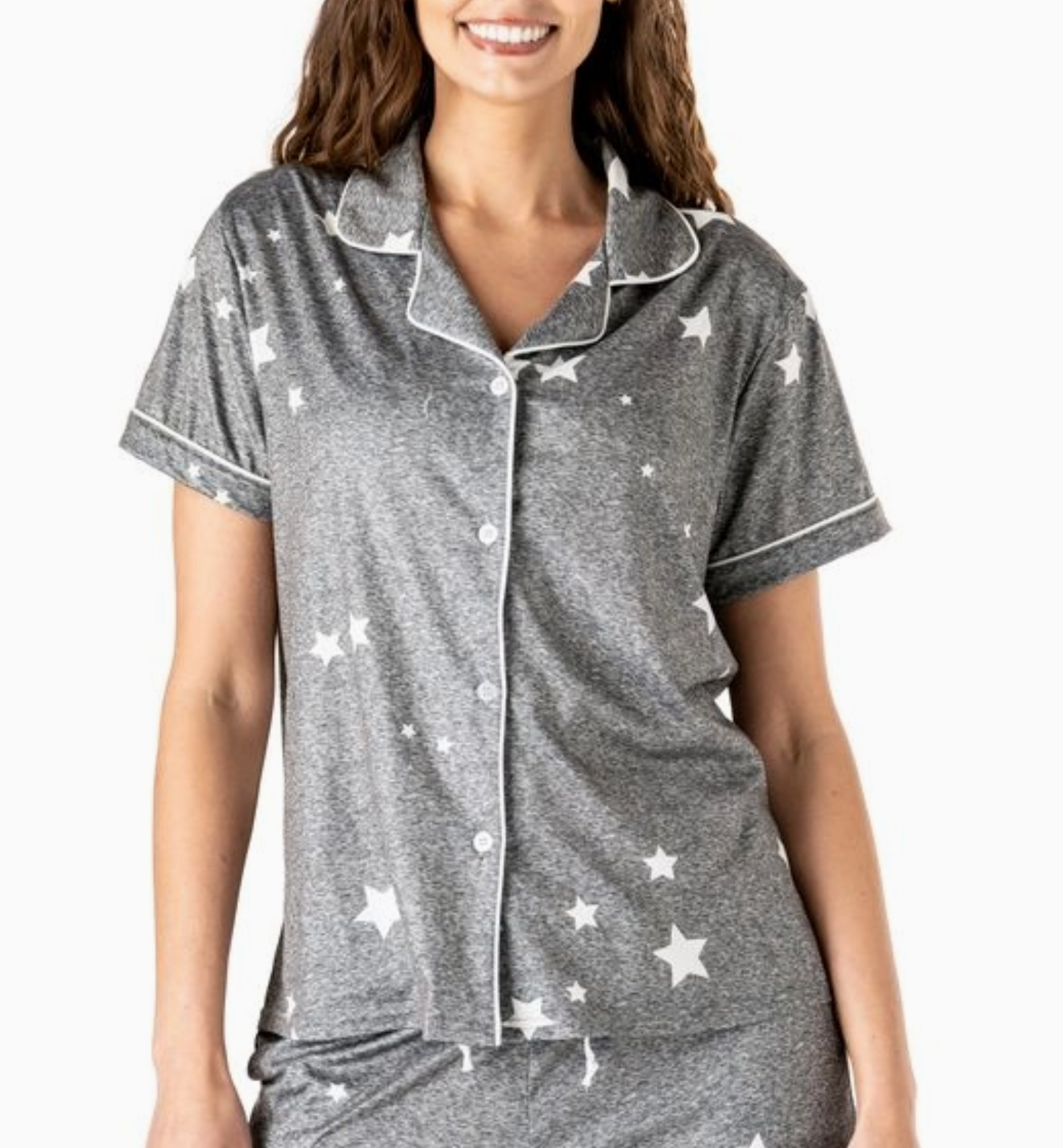 Heather grey pajama top with white star print, button-down front, collar, and piping detail.