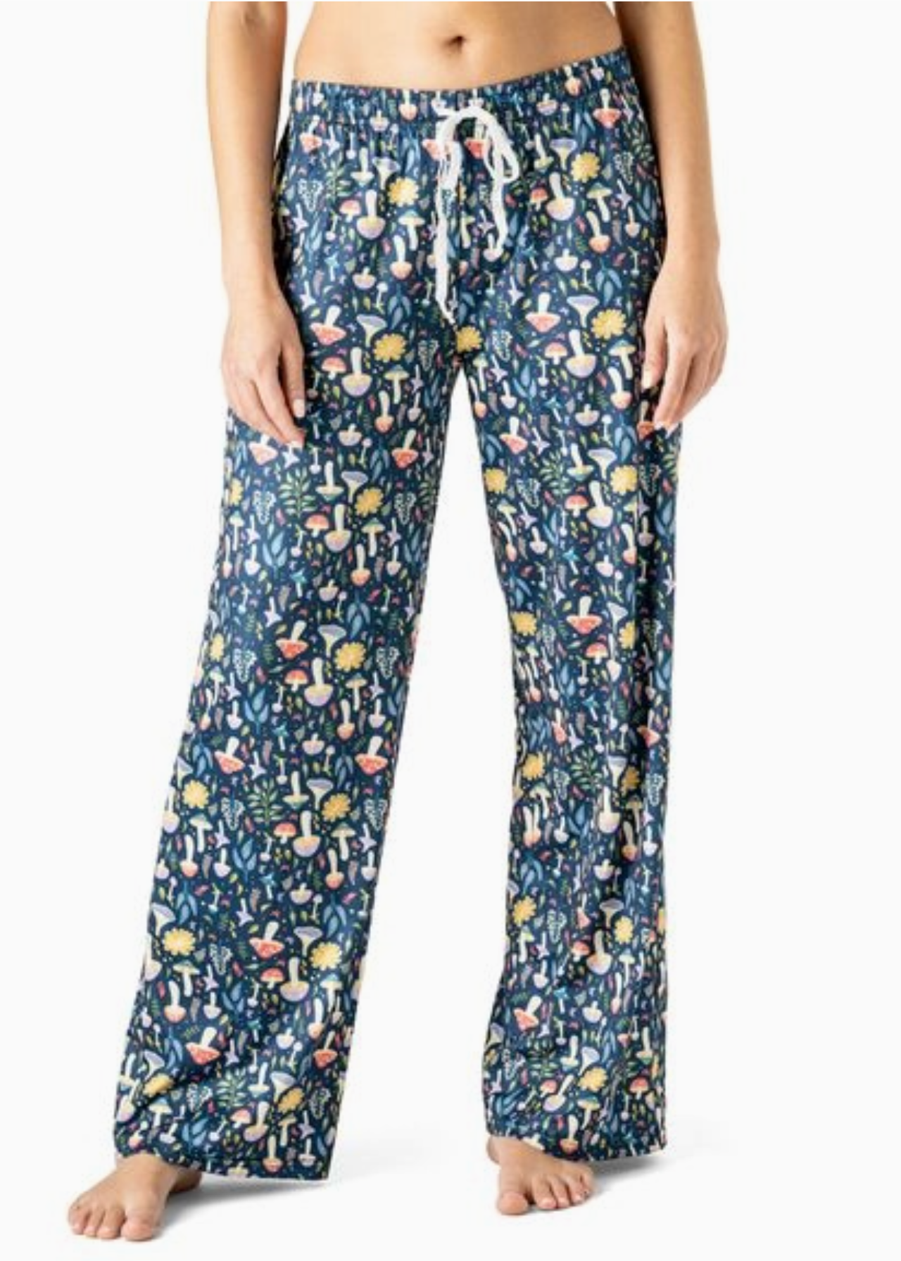 Navy pajama pants with whimsical mushroom print, wide-leg fit, and elastic waistband with drawstring tie.