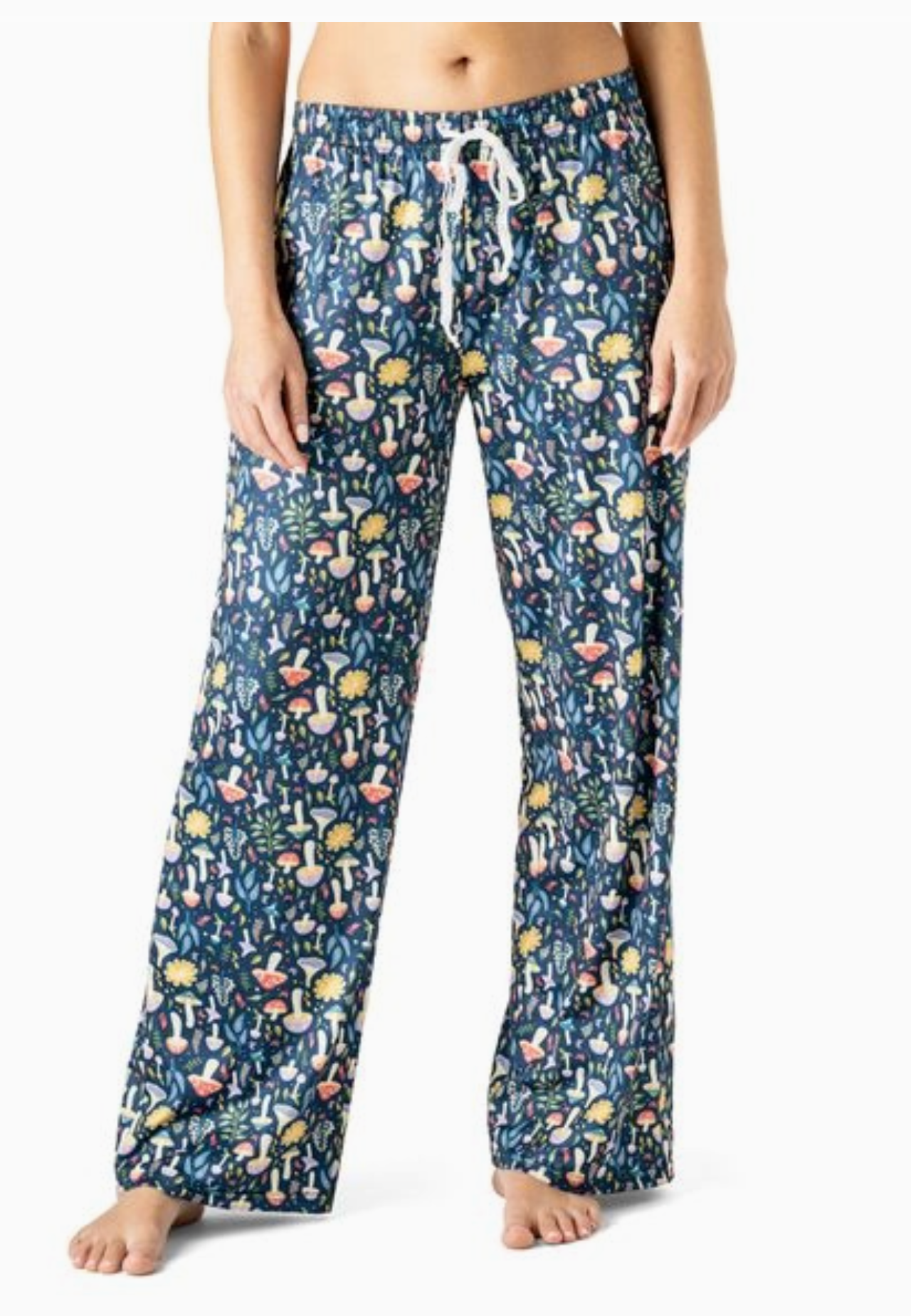 Navy pajama pants with whimsical mushroom print, wide-leg fit, and elastic waistband with drawstring tie.
