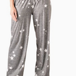 Heather grey pajama pants with white star print, wide-leg fit, and elastic waistband with drawstring tie.