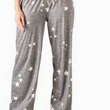 Heather grey pajama pants with white star print, wide-leg fit, and elastic waistband with drawstring tie.