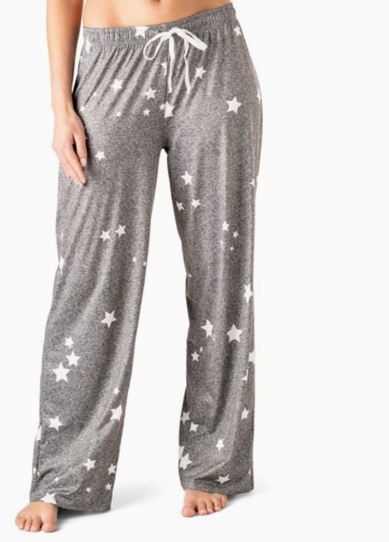 Heather grey pajama pants with white star print, wide-leg fit, and elastic waistband with drawstring tie.
