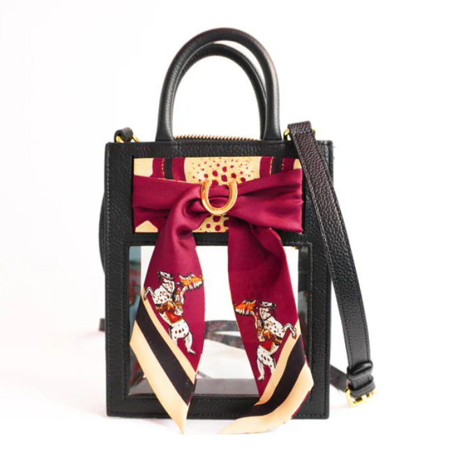 Genuine leather clear purse with FSU Warrior Pose scarf.