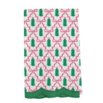White Christmas tea towel with green trees, pink bows, argyle bow pattern, and green scalloped trim.