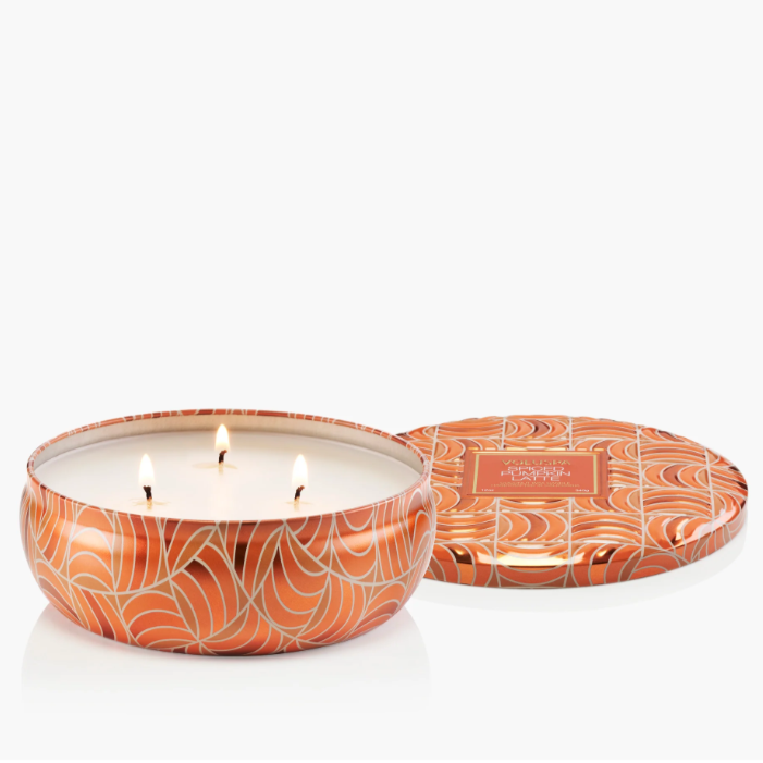 Decorative 3-wick pumpkin-inspired tin candle with lid.