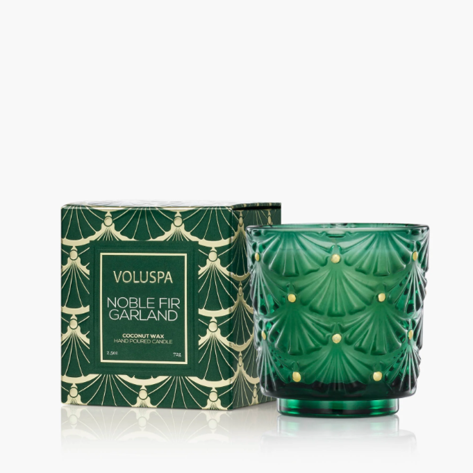 Petite holiday candle in embossed glass pedestal jar with decorative gift box.