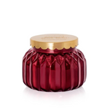 Deep garnet ornament-style holiday candle with gold lid