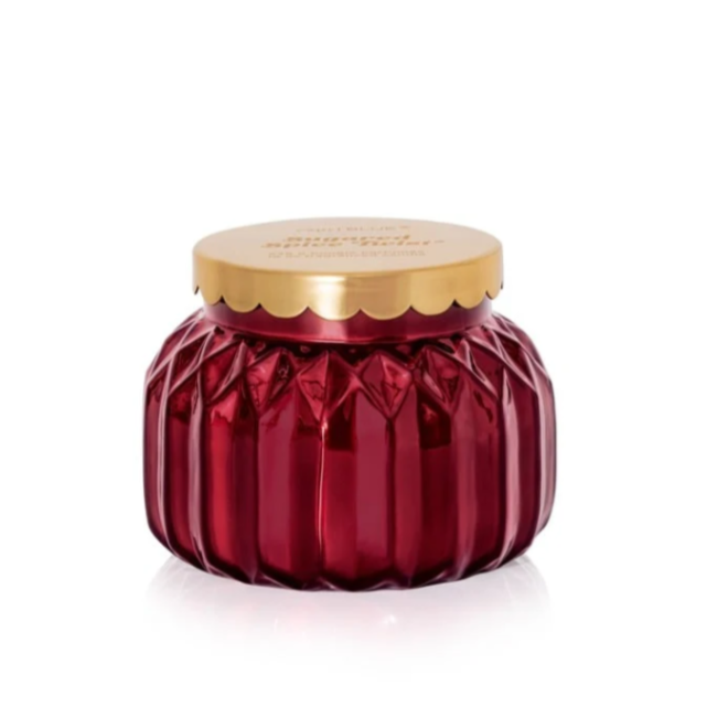 Deep garnet ornament-style holiday candle with gold lid