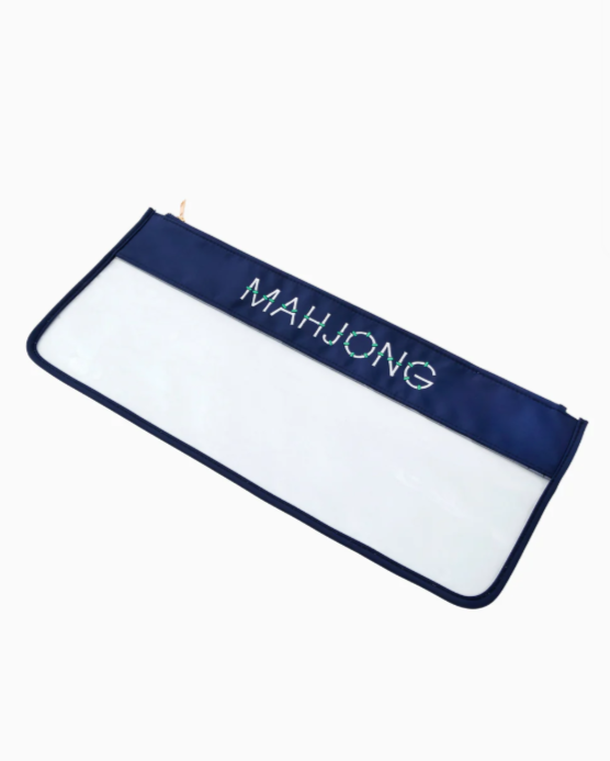 Navy Mahjong zippered bag with white bamboo embroidery and clear bottom section