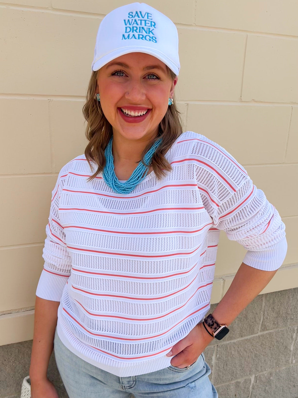 White striped lightweight knit pullover