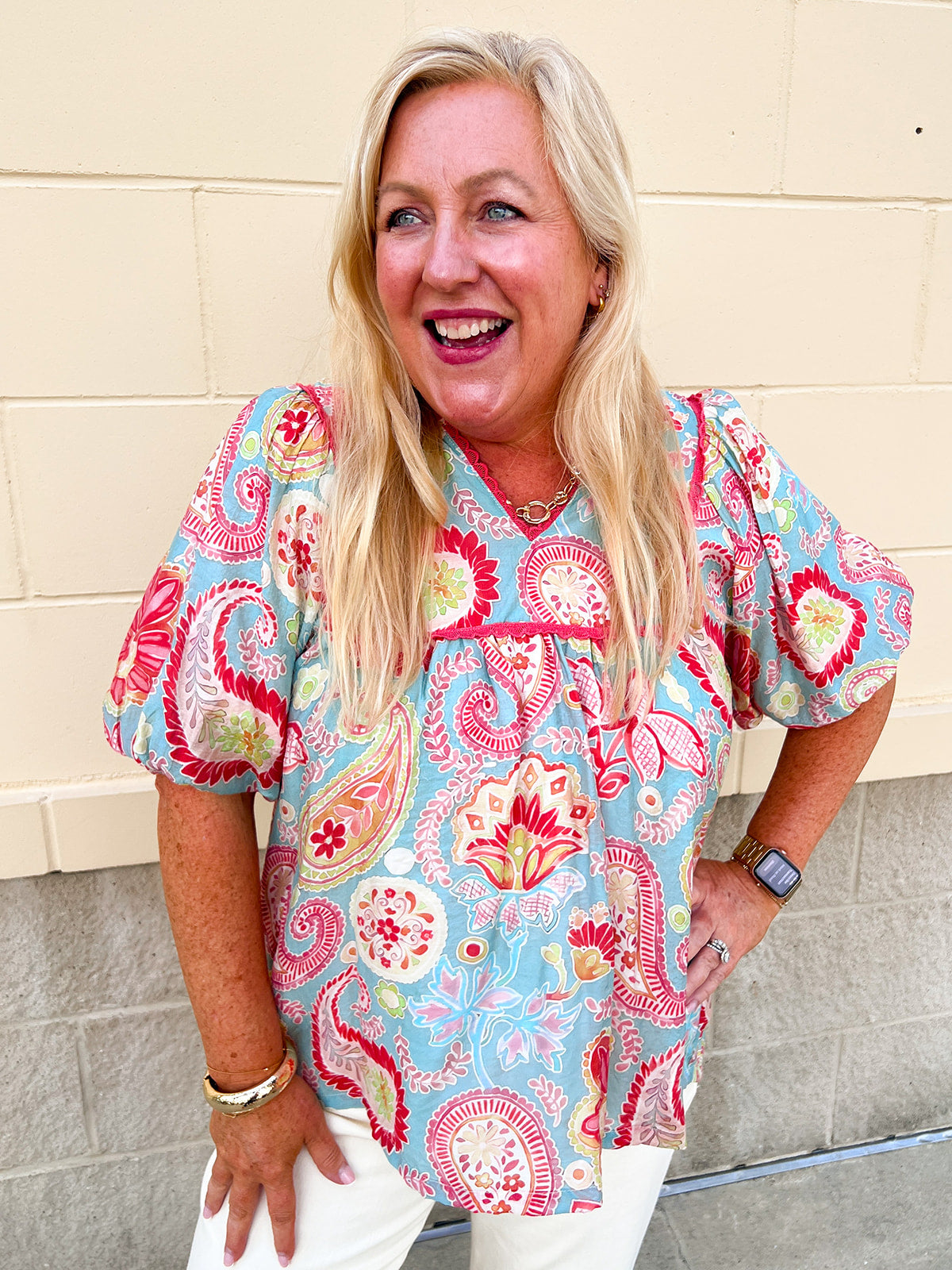 Blue and coral paisley print blouse with puff sleeves