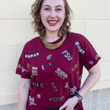 Garnet cap-sleeve crewneck top with sequined FSU logos and phrases on front and back