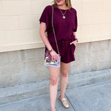 Burgundy textured knit top and shorts set