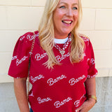 Women's cream puff sleeve knit sweater featuring scattered crimson cursive bama lettering and a classic crew neckline.