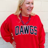 Red fleece crewneck sweatshirt featuring oversized vintage-inspired Georgia lettering with chenille appliqué, long sleeves, ribbed trim, and a relaxed relaxed fit for classic collegiate style.